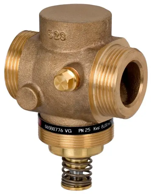 Zweikörper-Ventil aus Messing von Danfoss mit zwei Anschlussgewinden, einem zentralen Stellmechanismus und einer Federmechanik im unteren Bereich.